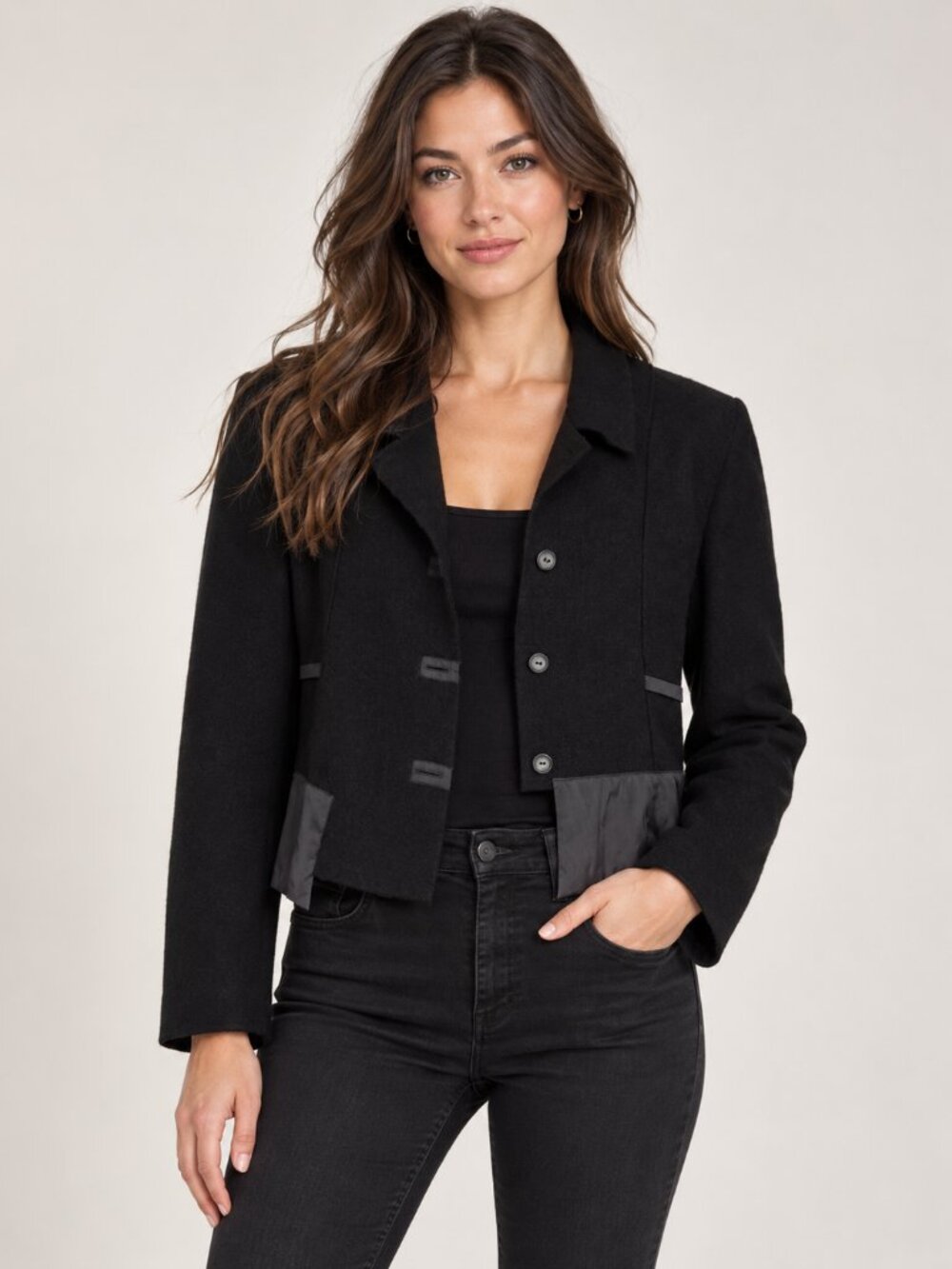 Ana Nonza Women's XL Black Wool Blend Cropped Blazer Jacket Satin Trim Asymmetri
